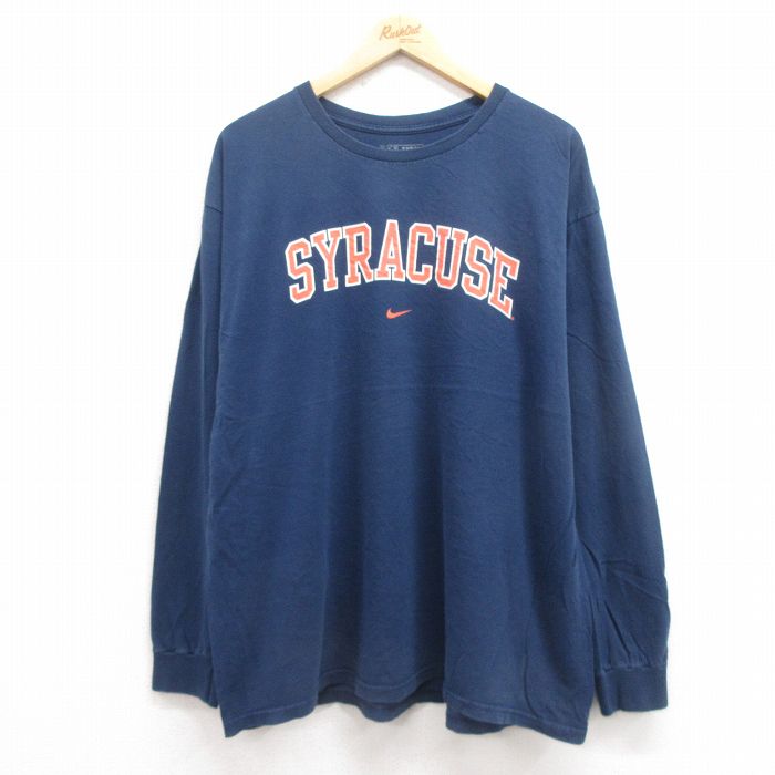 【中古】古着 ナイキ NIKE 長袖Tシャツ メンズ シラキュース 大きいサイズ 2L LL ビッグシルエット ゆったり ビッグサイズ オーバーサイズ クルーネック 丸首 紺 ネイビー XLサイズ 中古 | 春夏 春物 春服 秋冬 秋物 秋服 メンズファッション ロンT カットソー ロ