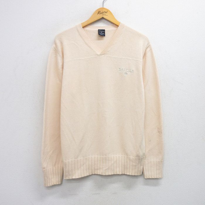 【中古】古着 ノーティカ NAUTICA 長袖セーター メンズ Lサイズ ワンポイントロゴ コットン Vネック 生成り カジュアル トップス 秋冬 アメカジ 25sep30 5OF
