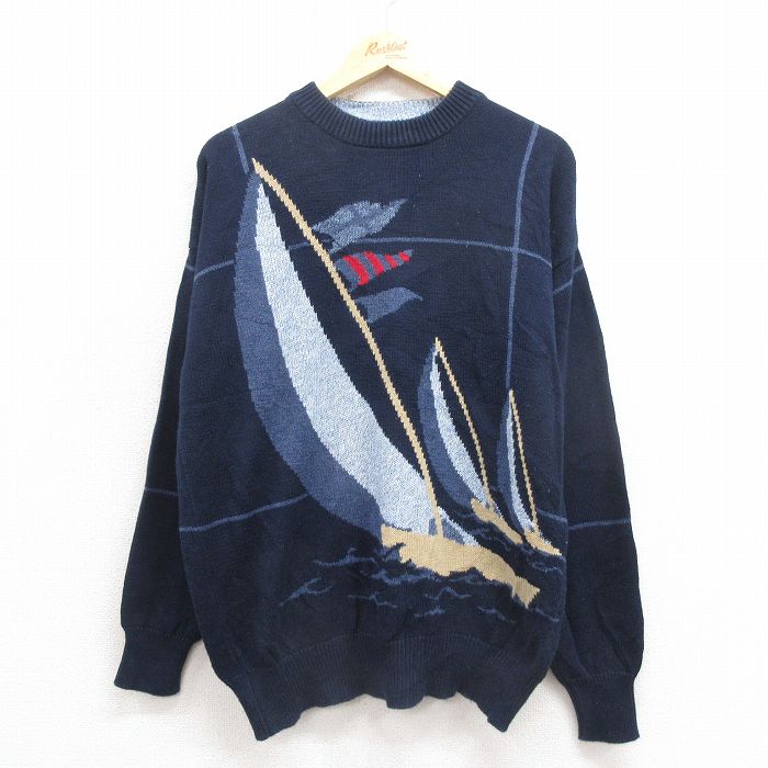 【中古】古着 ノーティカ NAUTICA 長袖 ブランド セーター メンズ ヨット クルーネック 丸首 紺 ネイビ..