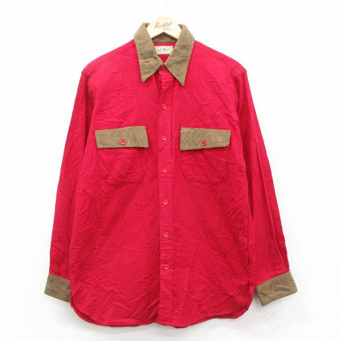 乐天商城 - 【中古】古着 エルエルビーン LLBEAN 長袖 ウールシャツ メンズ 80年代 80s 襟スエード 赤 レッド 【spe】 Lサイズ 中古 トップス | 秋冬 秋物 秋服 冬物 冬服 カジュアルシャツ メンズファッション 長袖シャツ おしゃれ カジュアル