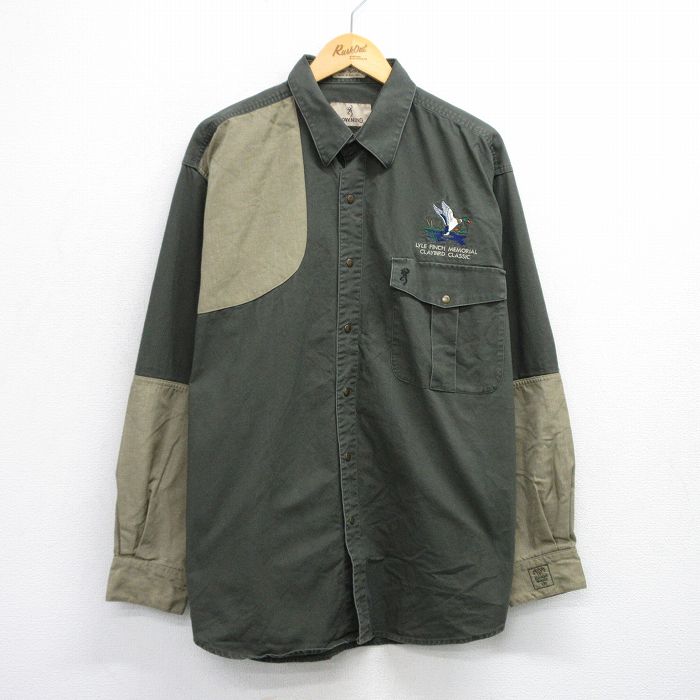 【中古】古着 BROWNING 長袖 ハンティングシャツ メンズ 鳥 ツートンカラー バイカラー 肩当て 大きい..