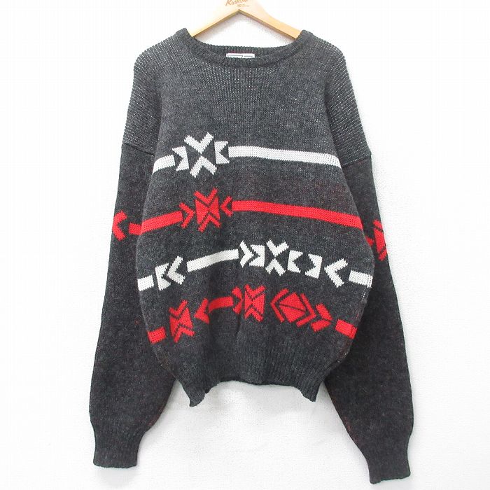 Crew Neck - 【中古】古着 長袖 セーター メンズ 90年代 90s ウール クルーネック 丸首 濃グレー他 Lサイズ 中古 ニット トップス | 春夏 春物 春服 秋冬 秋物 秋服 メンズファッション カジュアル おしゃれ ファッション