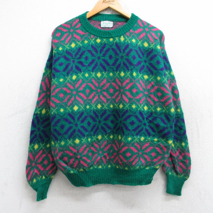 【中古】古着 ベネトン BENETTON 長袖 セーター メンズ 80年代 80s 雪柄 モヘア クルーネック 丸首 イタリア製 緑他 グリーン Lサイズ 中古 ニット トップス | 春夏 春物 春服 秋冬 秋物 秋服 メンズファッション カジュアル おしゃれ ファッション(4)