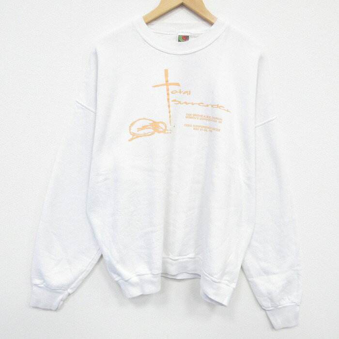 【中古】古着 フルーツオブザルーム 長袖スウェット メンズ 90年代 90s 教会 大きいサイズ 2L LL ビッグシルエット ゆったり ビッグサイズ オーバーサイズ クルーネック 丸首 白 ホワイト 【spe】 XLサイズ 中古 スエット トレーナー トップス | 春夏 春物 春服 2OF