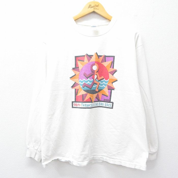 【中古】古着 長袖 ビンテージ ヴィンテージTシャツ メンズ 00年代 00s マラソン 企業広告 コットン クルーネック 丸首 白 ホワイト XLサイズ 中古 | 春夏 春物 春服 秋冬 秋物 秋服 メンズファッション ロンT カットソー ロンティー ロングT ロングTシャツ ロン