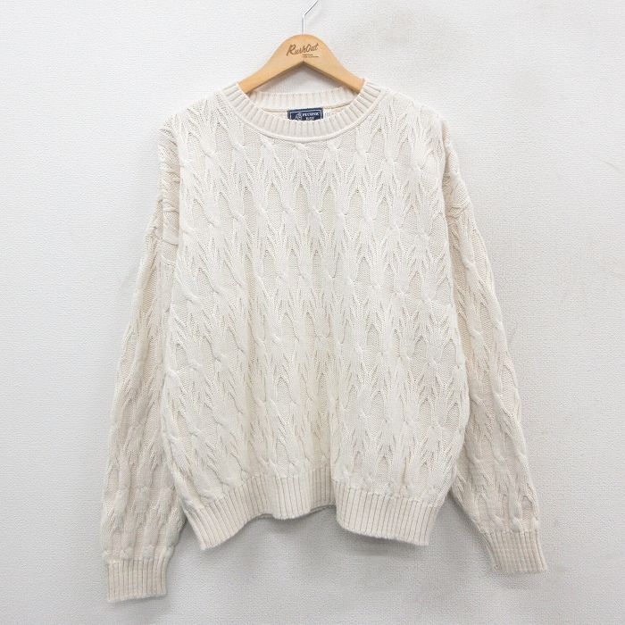 Crew Neck - 【中古】古着 長袖 セーター メンズ 90年代 90s 大きいサイズ 2L LL ビッグシルエット ゆったり ビッグサイズ オーバーサイズ コットン クルーネック 丸首 USA製 アメリカ製 白 ホワイト 【spe】 XLサイズ 中古 ニット トップス | 春夏 春物 春服 秋冬 秋物 秋服