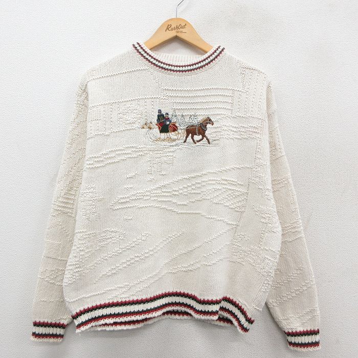 Crew Neck - 【中古】古着 長袖 セーター メンズ 90年代 90s 馬車 刺繍 コットン クルーネック 丸首 USA製 アメリカ製 生成り他 【spe】 Lサイズ 中古 ニット トップス | 春夏 春物 春服 秋冬 秋物 秋服 メンズファッション カジュアル おしゃれ ファッション