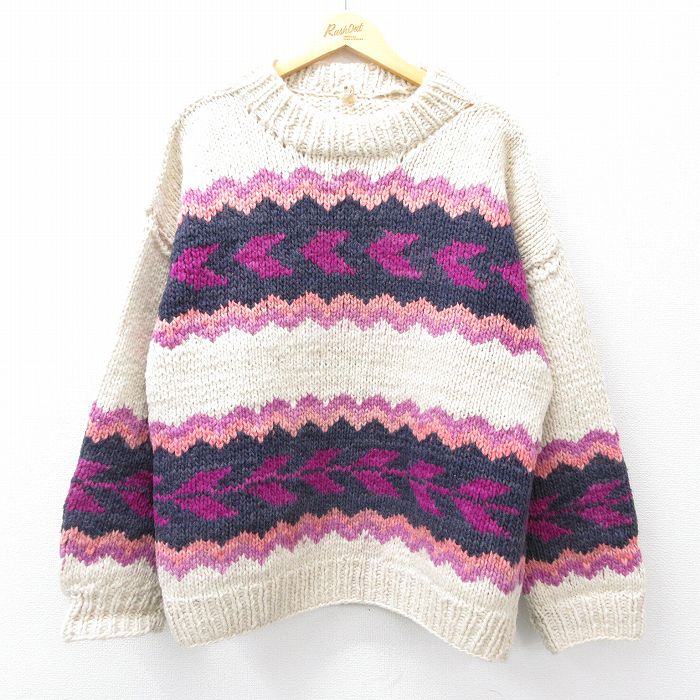 Crew Neck - 【中古】古着 長袖 セーター メンズ ウール クルーネック 丸首 エクアドル製 ベージュ他 カーキ Lサイズ 中古 ニット トップス | 春夏 春物 春服 秋冬 秋物 秋服 メンズファッション カジュアル おしゃれ ファッション