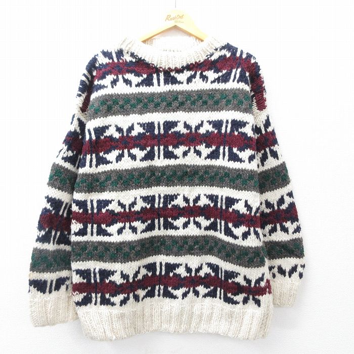 【中古】古着 長袖 セーター メンズ ウール クルーネック 丸首 エクアドル製 生成り他 Lサイズ 中古 ニット トップス | 春夏 春物 春服..