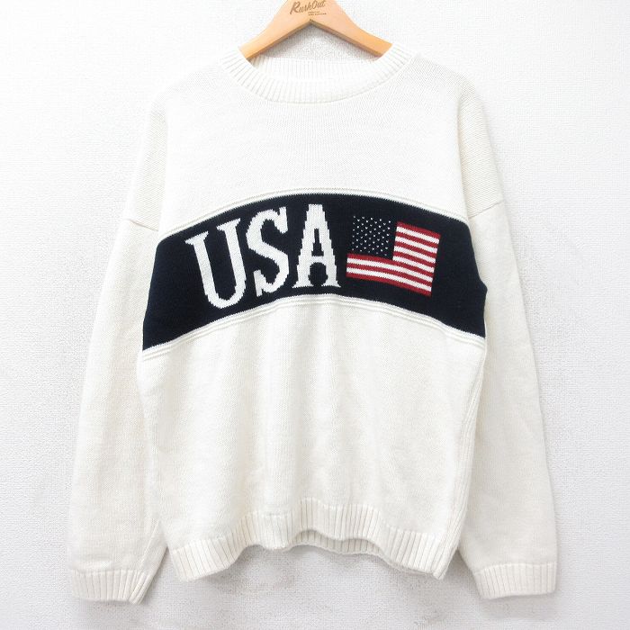 Crew Neck - 【中古】古着 ニューエラ 長袖 セーター メンズ 90年代 90s USAロゴ 星条旗 アクリル クルーネック 丸首 USA製 アメリカ製 白 ホワイト Lサイズ 中古 ニット トップス | 春夏 春物 春服 秋冬 秋物 秋服 メンズファッション カジュアル おしゃれ ファッション