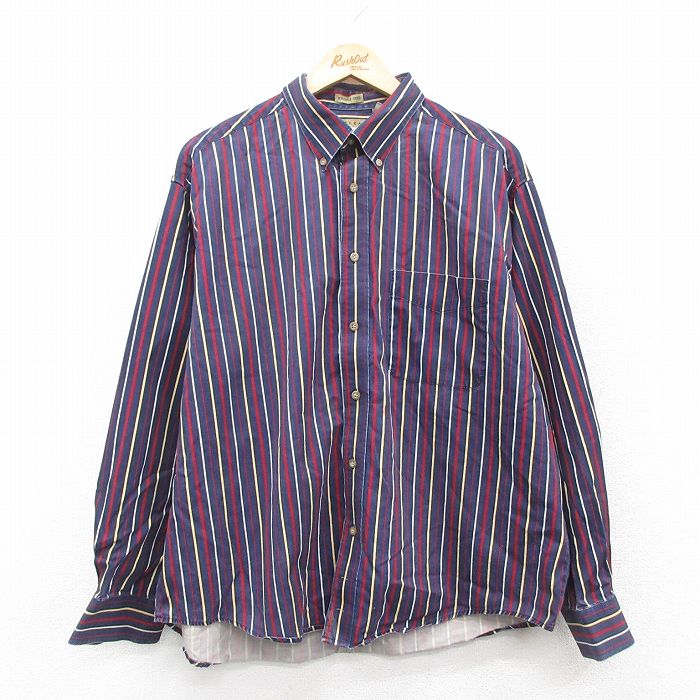 樂天商城 - 【中古】古着 長袖シャツ メンズ 大きいサイズ 2L LL ビッグシルエット ゆったり ビッグサイズ オーバーサイズ コットン ボタンダウン 紺他 ネイビー ストライプ XLサイズ 中古 トップス | 春夏 春物 春服 秋冬 秋物 秋服 カジュアルシャツ メンズファッション 長