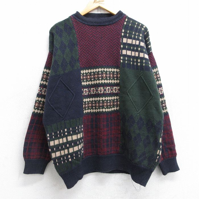 【中古】古着 長袖 セーター メンズ 90年代 90s モックネック ハイネック 濃緑他 グリーン 【spe】 XLサイズ 中古 ニット トップス | 春夏 春物 春服 秋冬 秋物 秋服 メンズファッション カジュアル おしゃれ ファッション 2OF