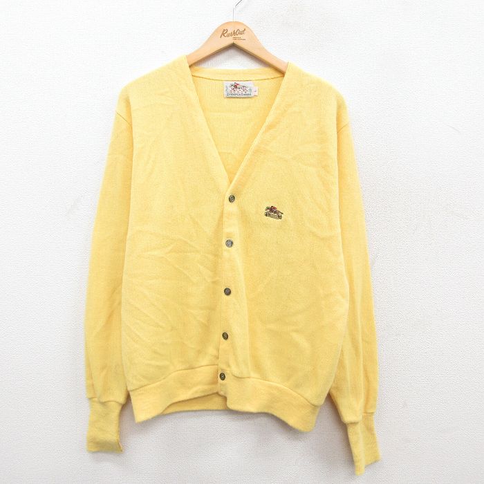 【中古】古着 長袖 ニット カーディガン メンズ 90年代 90s 馬 アクリル USA製 アメリカ製 黄 イエロー Lサイズ 中古 トップス | 春夏 春物 春服 秋冬 秋物 秋服 メンズファッション カジュアル おしゃれ ファッション