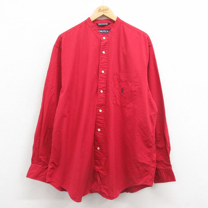 乐天商城 - 【中古】古着 ノーティカ NAUTICA 長袖 ブランドシャツ メンズ 90年代 90s ワンポイントロゴ 大きいサイズ 2L LL ビッグシルエット ゆったり ビッグサイズ オーバーサイズ ロング丈 コットン ノーカラー USA製 アメリカ製 赤 レッド XLサイズ 中古 トップス | 春