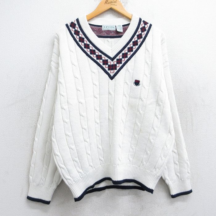 【中古】古着 IZOD 長袖 ケーブル チルデン セーター メンズ 90年代 90s ワンポイントロゴ コットン Vネック 白 ホワイト Lサイズ 中古..
