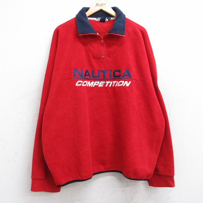 Rakuten - 【中古】古着 ノーティカ NAUTICA 長袖 ブランド ハーフジップ フリースジャケット メンズ 90年代 90s ビッグロゴ コンペティション 刺繍 大きいサイズ 2L LL ビッグシルエット ゆったり ビッグサイズ オーバーサイズ USA製 アメリカ製 赤 レッド 【spe】 XLサイ 5OF