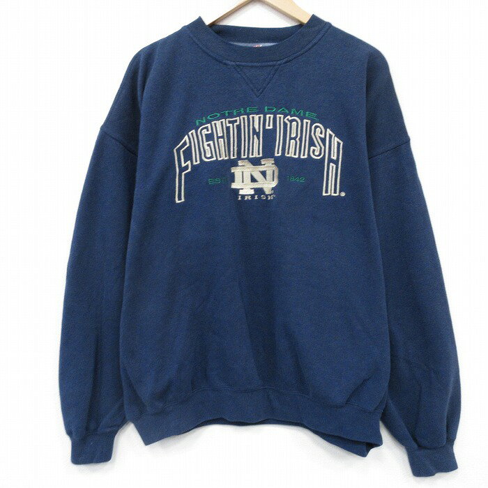 运动外衣 - 【中古】古着 長袖スウェット メンズ 90年代 90s ノートルダム 大きいサイズ 2L LL ビッグシルエット ゆったり ビッグサイズ オーバーサイズ クルーネック 丸首 紺 ネイビー XLサイズ 中古 スエット トレーナー トップス | 春夏 春物 春服 秋冬 秋物 秋服 メンズ