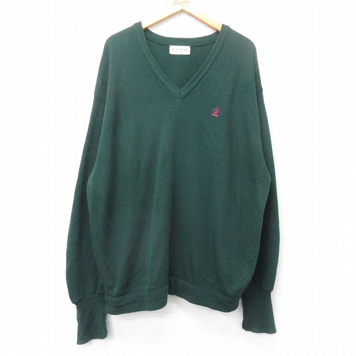 樂天商城 - 【中古】古着 IZOD 長袖 セーター メンズ 90年代 90s ワンポイントロゴ 大きいサイズ 2L LL ビッグシルエット ゆったり ビッグサイズ オーバーサイズ アクリル Vネック USA製 アメリカ製 緑 グリーン XLサイズ 中古 ニット トップス | 春夏 春物 春服 秋冬 秋物