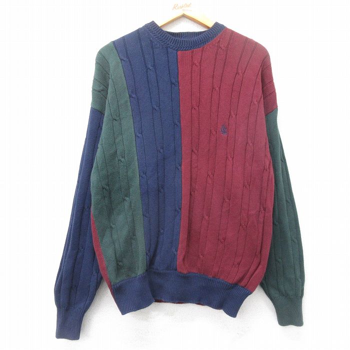 樂天商城 - 【中古】古着 ノーティカ NAUTICA 長袖 ブランド ケーブル セーター メンズ 90年代 90s ワンポイントロゴ マルチカラー クレイジーパターン コットン クルーネック 丸首 エンジ他 Lサイズ 中古 ニット トップス | 春夏 春物 春服 秋冬 秋物 秋服 メンズファッショ