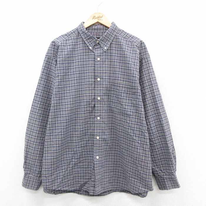【中古】古着 エディーバウアー 長袖 ブランドシャツ メンズ 00年代 00s 大きいサイズ 2L LL ビッグシルエット ゆったり ビッグサイズ オーバーサイズ コットン ボタンダウン 紺他 ネイビー チェック XLサイズ 中古 トップス | 春夏 春物 春服 秋冬 秋物 秋服 カ