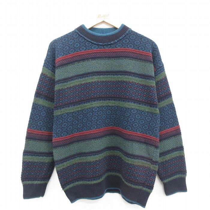 【中古】古着 長袖 セーター メンズ 90年代 90s クルーネック 丸首 イタリア製 紺他 ネイビー 【spe】 Mサイズ 中古 ニット トップス |..
