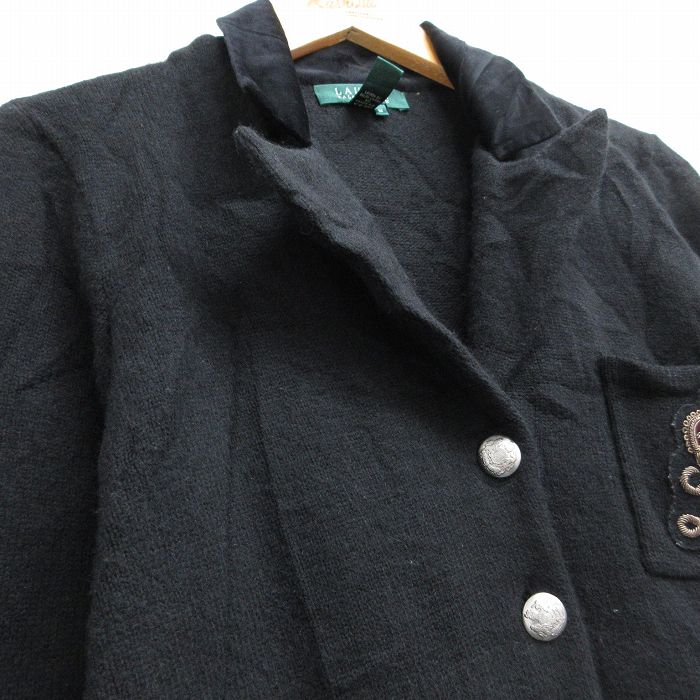 【中古】古着 ラルフローレン Ralph Lauren 長袖 ブランド ウールジャケット レディース 00年代 00s ワンポイントロゴ ベロア仕様 ウール 開襟 オープンカラー 黒 ブラック 【spe】 中古 アウター ジャンパー ブルゾン | 秋冬 秋物 秋服 冬物 冬服 カジュアル レ