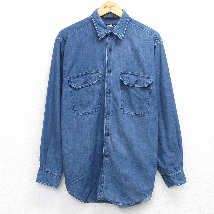 L★古着 ノーティカ 長袖 ブランド シャツ メンズ 90年代 90s ワンポイントロゴ ロング丈 コットン 紺他 ストライプ &yen;&nbsp;3,900（税込） L★古着 ノーティカ 長袖 ブランド シャツ メンズ 90年代 90s...