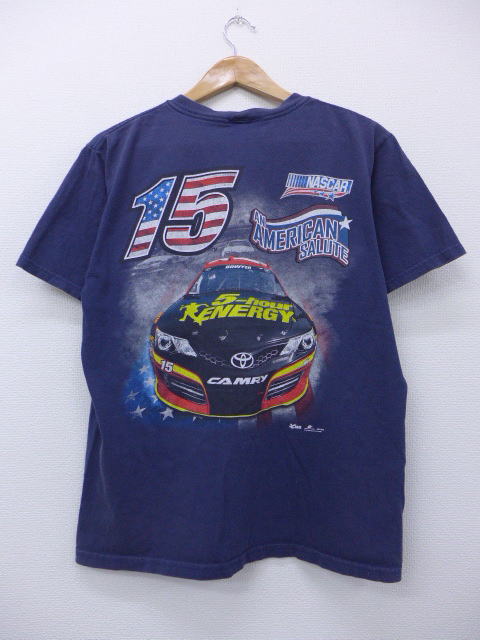 【中古】古着 半袖 Tシャツ レーシングカー カムリ 星条旗 紺 ネイビー Lサイズ メンズ USA製 アメリカ製 春夏 夏物 夏服 | ティーシャツ ティシャツ カットソー トップス メンズTシャツ 半袖Tシャツ 半袖ティーシャツ