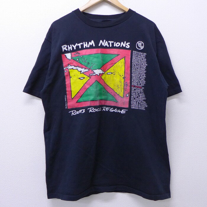 【中古】古着 半袖 ビンテージ ヴィンテージ ロックTシャツ バンドTシャツ 90年代 90s RHYTHM NATIONS ルーツ ロック レゲエ 黒 ブラック XLサイズ 中古 メンズ | 春夏 春物 春服 秋冬 秋物 秋服 メンズファッション ロンT カットソー ロンティー ロングT ロングTシャ