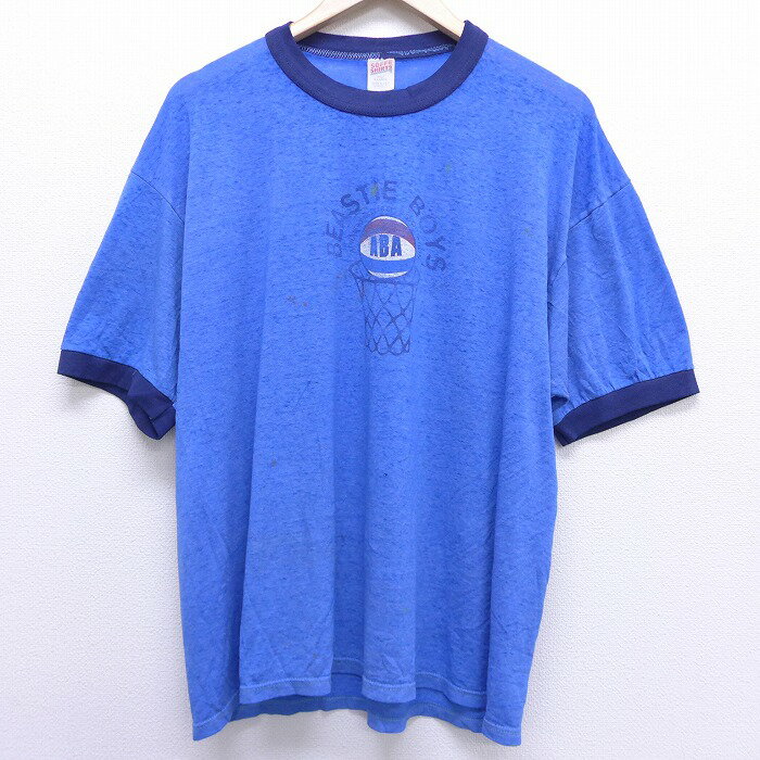 【中古】古着 半袖 ビンテージ ヴィンテージ ロック バンド ヒップホップ ラップTシャツ 90年代 90s ビースティーボーイズ ABA クルーネック 丸首 USA製 アメリカ製 青 ブルー リンガー 【spe】 XLサイズ 中古 メンズ | 春夏 春物 春服 秋冬 秋物 秋服 メンズファッシ