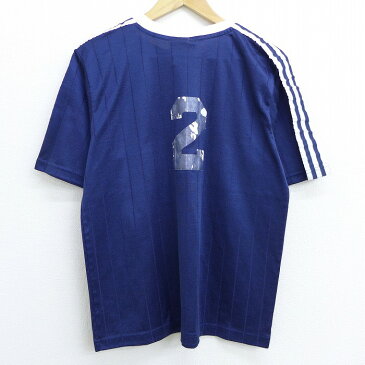 【中古】古着 半袖 サッカーTシャツ 90年代 90s アディダス adidas ワンポイントロゴ リーフ トレフォイル HUSC サッカーボール 2 Vネック USA製 アメリカ製 紺 ネイビー ストライプ ユニフォーム 3本ライン Lサイズ 中古 メンズ | 春夏 春物 春服 秋冬 秋物 秋服 メン