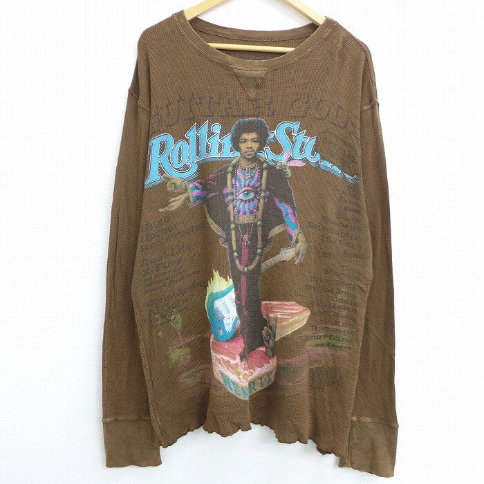 【中古】古着 長袖 サーマル ロックTシャツ バンドTシャツ ローリングストーンズ The Rolling Stones 大きいサイズ 2L LL ビッグシルエット ゆったり ビッグサイズ オーバーサイズ ロング丈 コットン クルーネック 丸首 茶 ブラウン XLサイズ 中古 メンズ | 春夏 春物