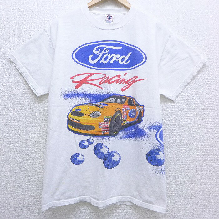 【中古】古着 半袖 ビンテージ ヴィンテージTシャツ 00年代 00s フォード レーシングカー コットン クルーネック 丸首 白 ホワイト 【spe】 Lサイズ 中古 メンズ | 春夏 夏物 夏服 メンズファッション カットソー ティーシャツ ティシャツ メンズTシャツ 半袖Tシャツ