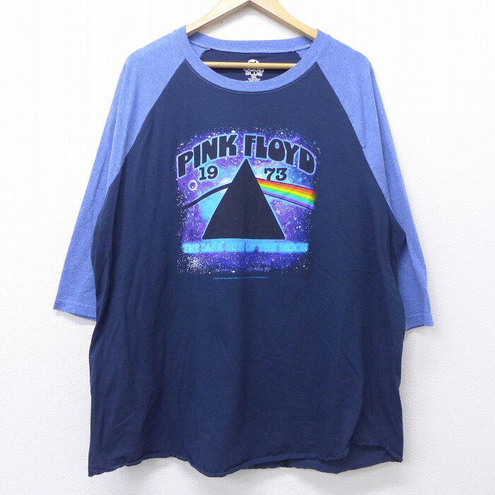 【中古】古着 7分袖 ロックTシャツ バンドTシャツ リキッドブルー ピンクフロイド ラグラン 大きいサイズ 2L LL ビッグシルエット ゆったり ビッグサイズ オーバーサイズ クルーネック 丸首 紺他 ネイビー XLサイズ 中古 メンズ 7分丈 七分丈 七分袖 2084054037