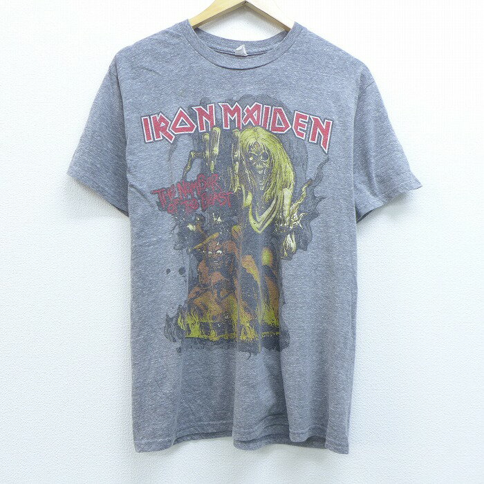 【中古】古着 半袖 ロックTシャツ バンドTシャツ アイアンメイデン クルーネック 丸首 グレー　霜降り Mサイズ 中古 メンズ | 春夏 夏物 夏服 メンズファッション カットソー ティーシャツ ティシャツ メンズTシャツ 半袖Tシャツ 半袖ティーシャツ カジュアルTシャツ