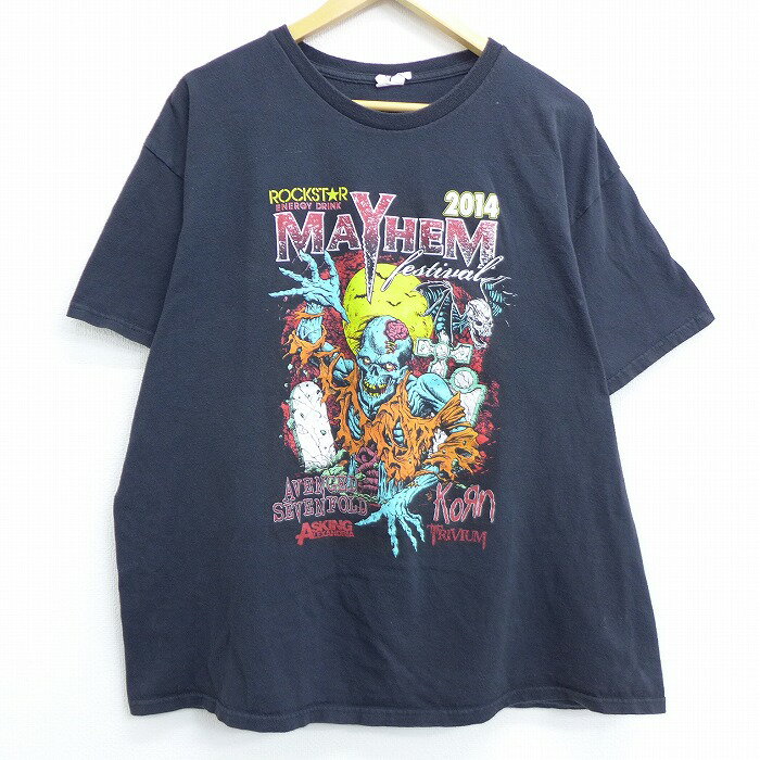 【中古】古着 半袖 ロックTシャツ バンドTシャツ メイヘム フェス アヴェンジドセヴンフォールド コーン カンニバルコープス 大きいサイズ 2L LL ビッグシルエット ゆったり ビッグサイズ オーバーサイズ クルーネック 丸首 黒 ブラック XLサイズ 中古 メンズ | 春夏