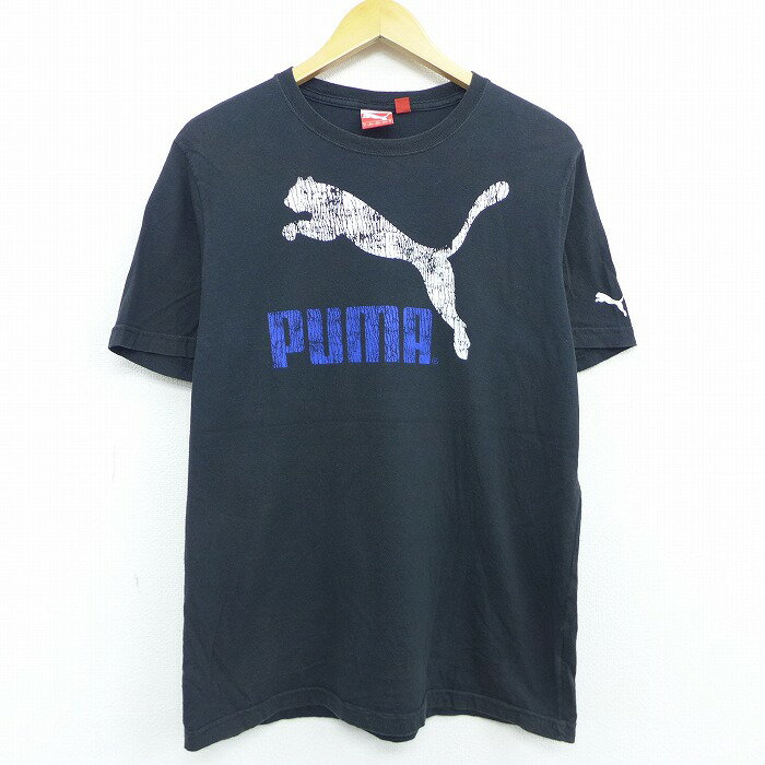 【中古】古着 半袖 ブランドTシャツ プーマ puma ビッグロゴ クルーネック 丸首 黒 ブラック Lサイズ 中古 メンズ | 春夏 夏物 夏服 メンズファッション カットソー ティーシャツ ティシャツ メンズTシャツ 半袖Tシャツ 半袖ティーシャツ カジュアルTシャツ おしゃれ