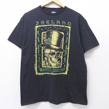 【中古】古着 半袖Tシャツ スカル ハット アイルランド コットン クルーネック 丸首 黒 ブラック Mサイズ 中古 メンズ 中古メンズ半袖プリントキャラクター
