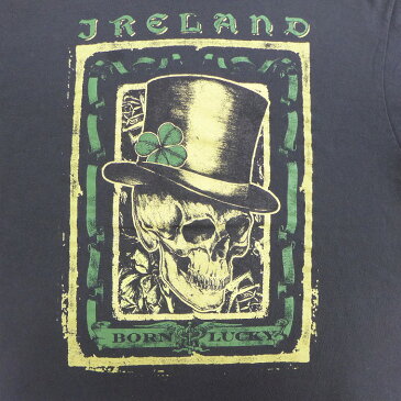 【中古】古着 半袖Tシャツ スカル ハット アイルランド コットン クルーネック 丸首 黒 ブラック Mサイズ 中古 メンズ 中古メンズ半袖プリントキャラクター