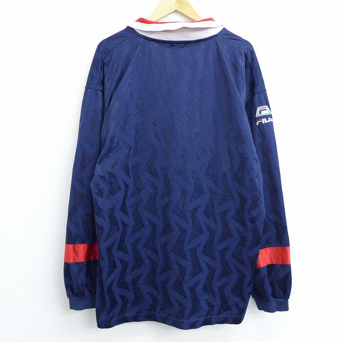 【中古】古着 長袖 トップス 90年代 90s フィラ FILA ビッグロゴ 大きいサイズ 2L LL ビッグシルエット ゆったり ビッグサイズ オーバーサイズ Vネック 紺 ネイビー XLサイズ 中古 メンズ | 春夏 春物 春服 秋冬 秋物 秋服 メンズファッション ロンT カットソー ロンテ