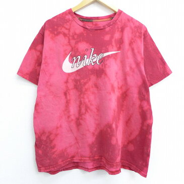 【中古】古着 半袖 ブランドTシャツ ナイキ NIKE ビッグロゴ コットン クルーネック 丸首 赤系 レッド ブリーチ加工 XLサイズ 中古 メンズ | 春夏 夏物 夏服 メンズファッション カットソー ティーシャツ ティシャツ メンズTシャツ 半袖Tシャツ 半袖ティーシャツ カジ