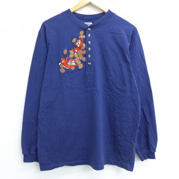 【中古】古着 長袖Tシャツ ディズニー DISNEY チップとデール 刺繍 コットン ヘンリーネック 紺 ネイビー Lサイズ 中古 メンズ | 春夏 春物 春服 秋冬 秋物 秋服 メンズファッション ロンT カットソー ロンティー ロングT ロングTシャツ ロングティーシャツ ロング丈