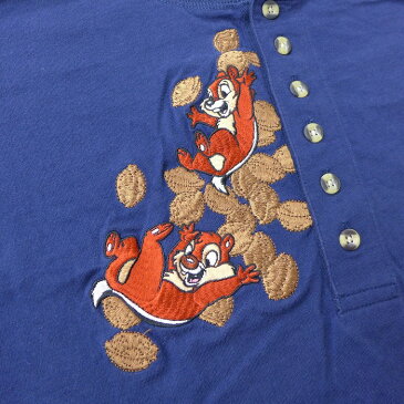 【中古】古着 長袖Tシャツ ディズニー DISNEY チップとデール 刺繍 コットン ヘンリーネック 紺 ネイビー Lサイズ 中古 メンズ | 春夏 春物 春服 秋冬 秋物 秋服 メンズファッション ロンT カットソー ロンティー ロングT ロングTシャツ ロングティーシャツ ロング丈