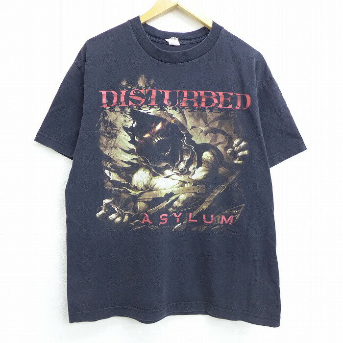 【中古】古着 半袖 ロックTシャツ バンドTシャツ ディスターブド コットン クルーネック 丸首 黒 ブラック Lサイズ 中古 メンズ | 春夏 夏物 夏服 メンズファッション カットソー ティーシャツ ティシャツ メンズTシャツ 半袖Tシャツ 半袖ティーシャツ カジュアルTシャ