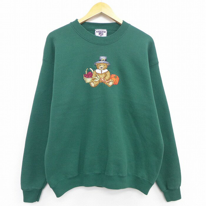 【中古】古着 レディース 長袖スウェット 90年代 90s リー Lee クマ カボチャ クルーネック 丸首 USA製 アメリカ製 緑 グリーン 中古 スエット トレーナー トップス | 春夏 春物 春服 秋冬 秋物 秋服 カジュアル レディースファッション おしゃれ かわいいのサムネイル