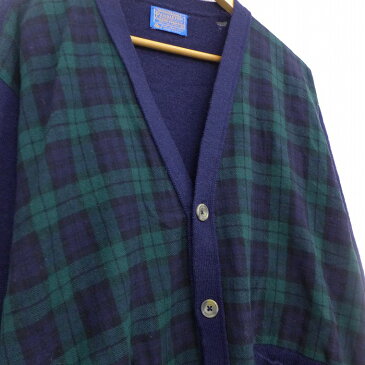 【中古】古着 レディース 長袖 ニット カーディガン 80年代 80s ペンドルトン PENDLETON 大きいサイズ 2L LL ビッグシルエット ゆったり ビッグサイズ オーバーサイズ ウール Vネック USA製 アメリカ製 紺他 ネイビー タータン チェック 中古 トップス | 春夏 春物 春