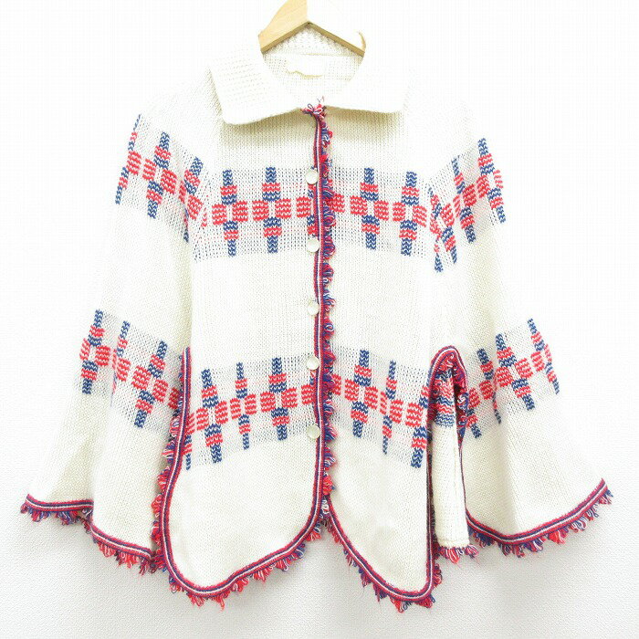 【中古】古着 レディース ニット ポンチョ 70年代 70s 大きいサイズ 2L LL ビッグシルエット ゆったり ビッグサイズ オーバーサイズ 襟付き 白他 ホワイト 中古 トップス | 春夏 春物 春服 秋冬 秋物 秋服 カジュアル レディースファッション おしゃれ かわいいのサムネイル