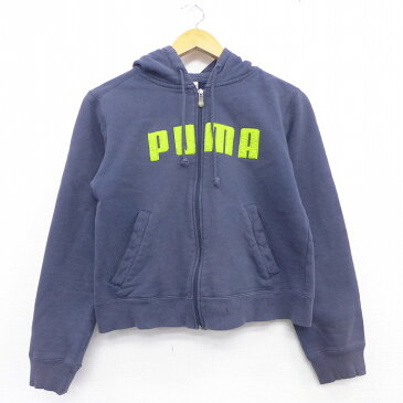 【中古】古着 レディース 長袖 フルジップスウェットパーカー プーマ puma ビッグロゴ ショート丈 紺 ネイビー 中古 スエット トレーナー トップス | 春夏 春物 春服 秋冬 秋物 秋服 カジュアル レディースファッション おしゃれ かわいい 0OF