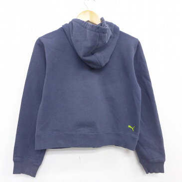 【中古】古着 レディース 長袖 フルジップスウェットパーカー プーマ puma ビッグロゴ ショート丈 紺 ネイビー 中古 スエット トレーナー トップス | 春夏 春物 春服 秋冬 秋物 秋服 カジュアル レディースファッション おしゃれ かわいい 0OF