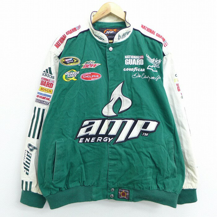 【中古】古着 長袖 レーシングジャケット amp シボレー NASCAR 大きいサイズ 2L LL ビッグシルエット ゆったり ビッグサイズ オーバーサイズ コットン ツートンカラー バイカラー 緑他 グリーン XLサイズ 中古 メンズ アウター ジャンパー ブルゾン | 春夏 春物 春服